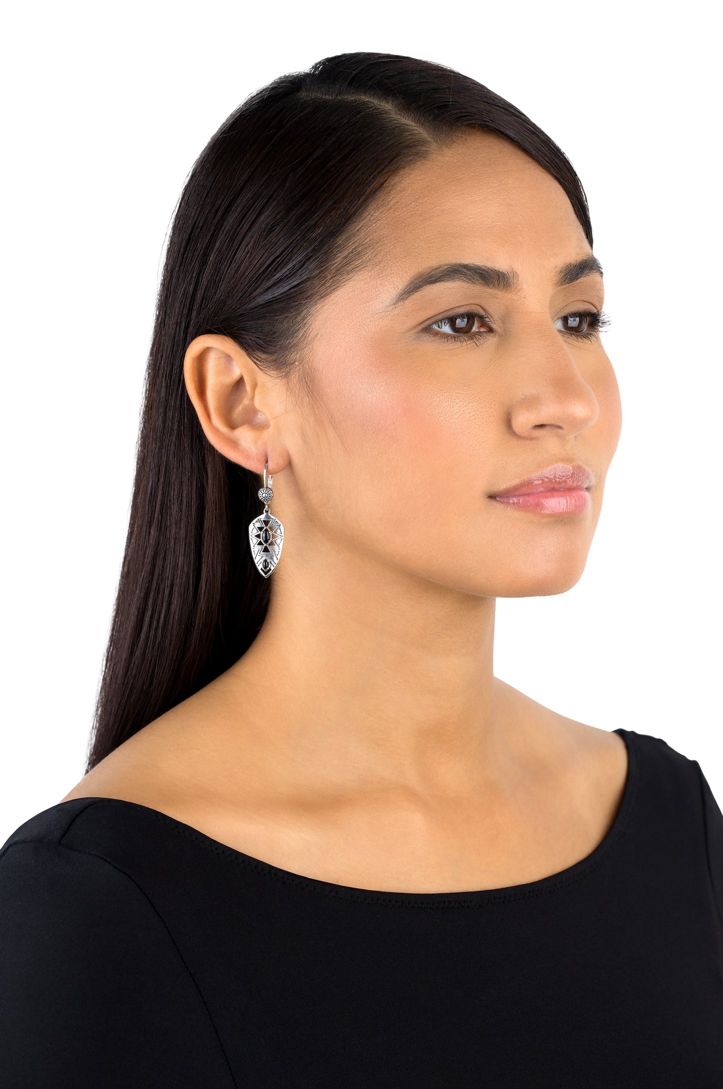 Sterling Silver Marquise Black Agate Patterned Lever Back Earrings