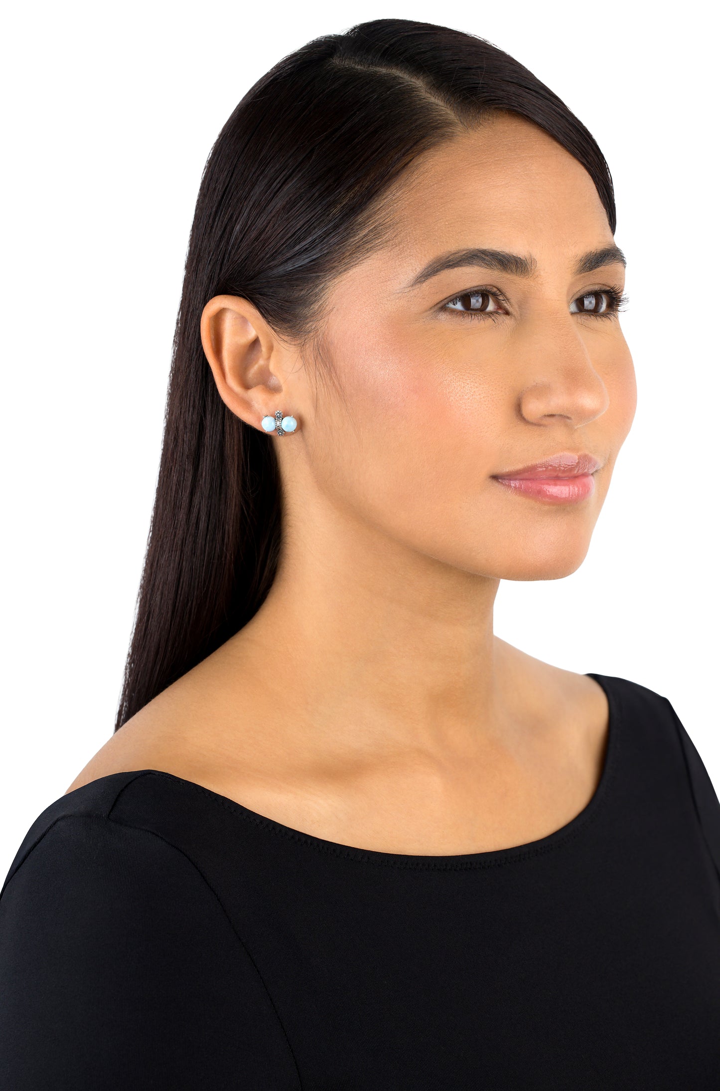 Sterling Silver Round Larimar Concha Stud Earrings