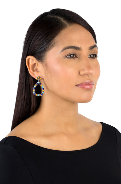 Sterling Silver Orange Spiny Oyster, Turquoise and Lapis Teardrop Post Back Earrings