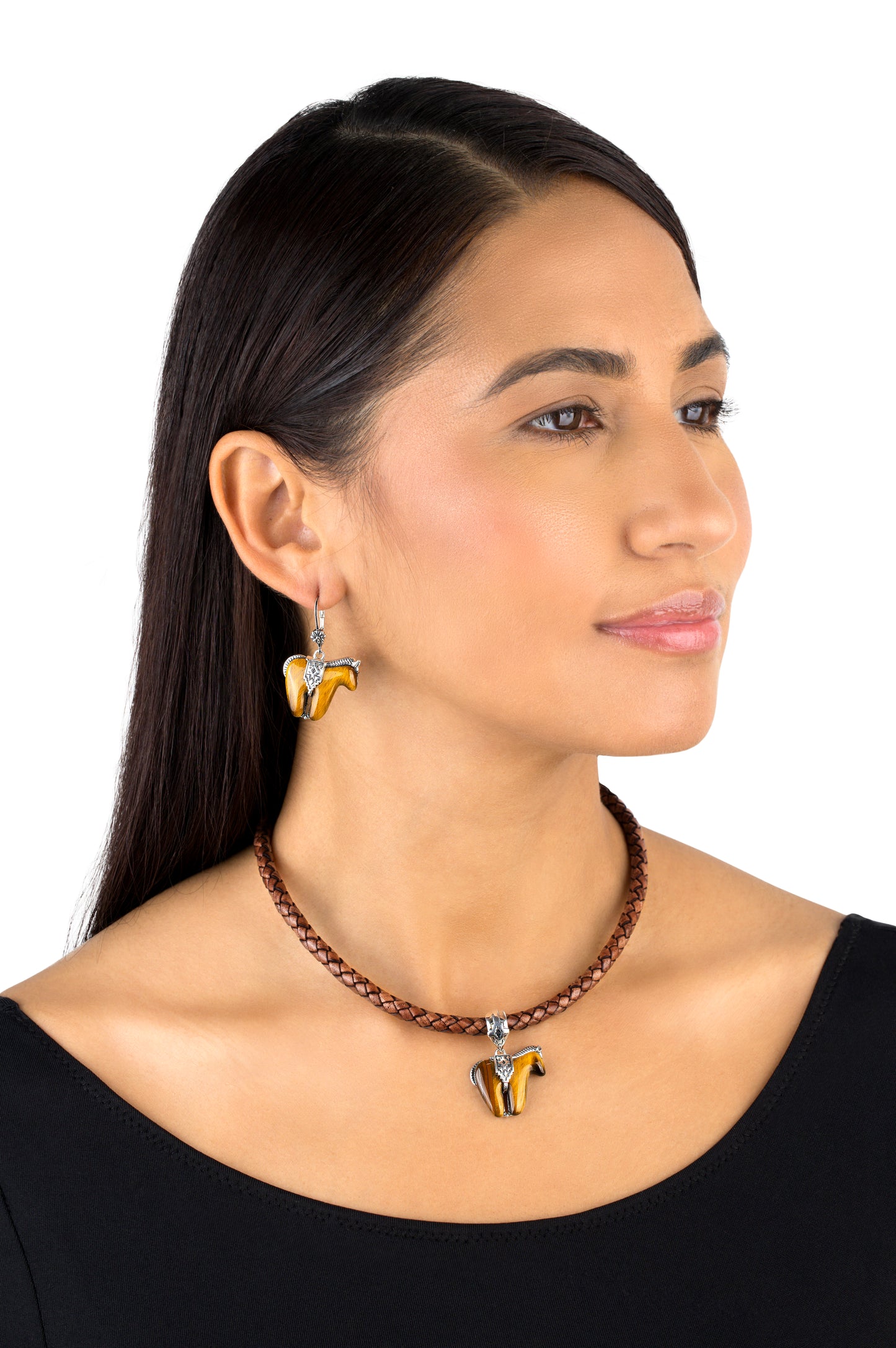 Sterling Silver Tiger's Eye Spirit Horse Lever Back Earrings