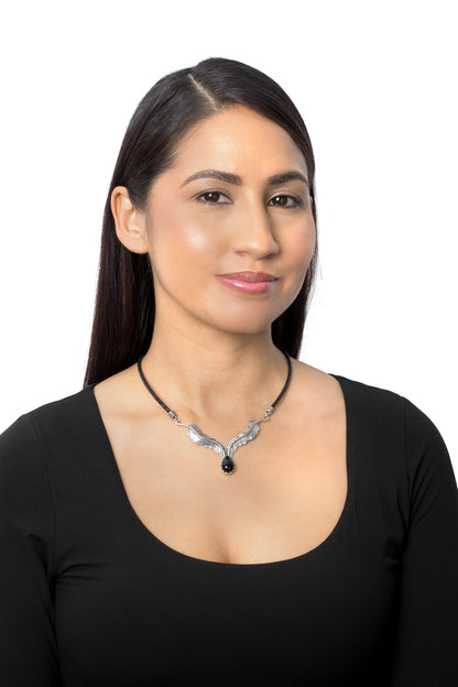 EXCLUSIVELY OURS! Sterling Silver Black Onyx Black Leather Feather Design Necklace, 17 to 20 Inches