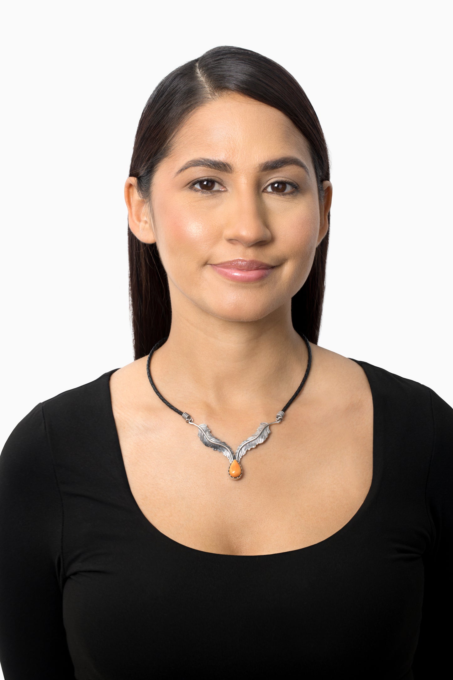 EXCLUSIVELY OURS! Sterling Silver Orange Spiny Oyster Black Leather Feather Design Necklace, 17 to 20 Inches