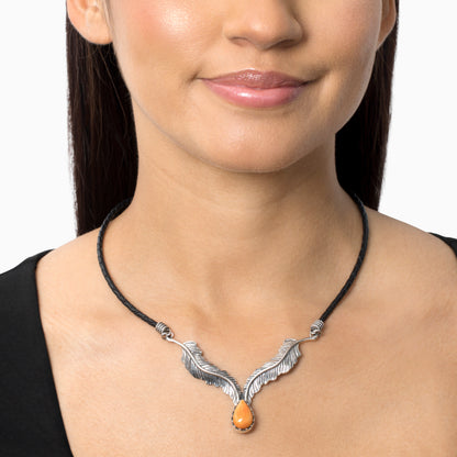 EXCLUSIVELY OURS! Sterling Silver Orange Spiny Oyster Black Leather Feather Design Necklace, 17 to 20 Inches
