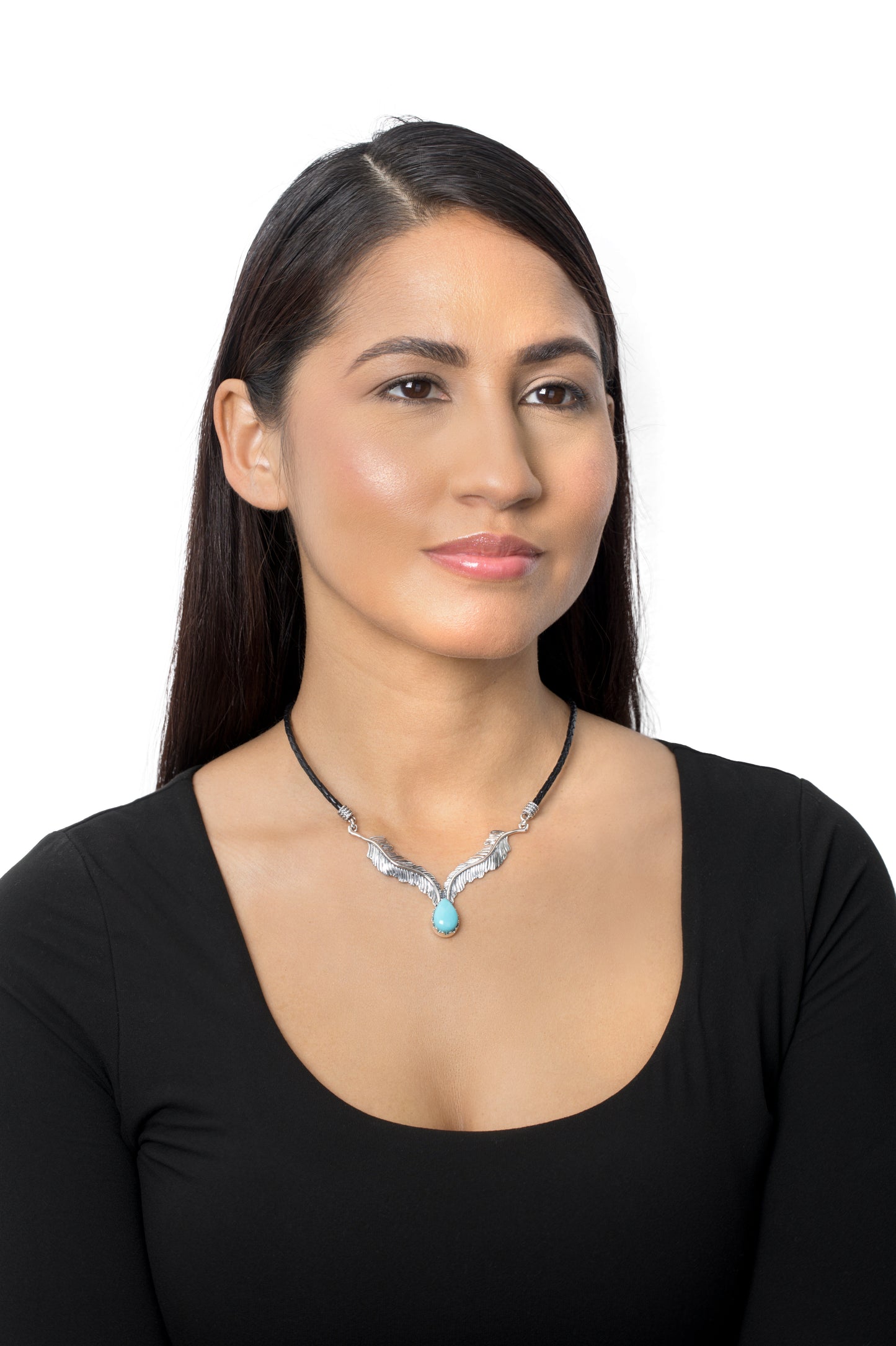 LIMITED EDITION! Sterling Silver Sleeping Beauty Turquoise Black Leather Feather Design Necklace, 17 to 20 Inches