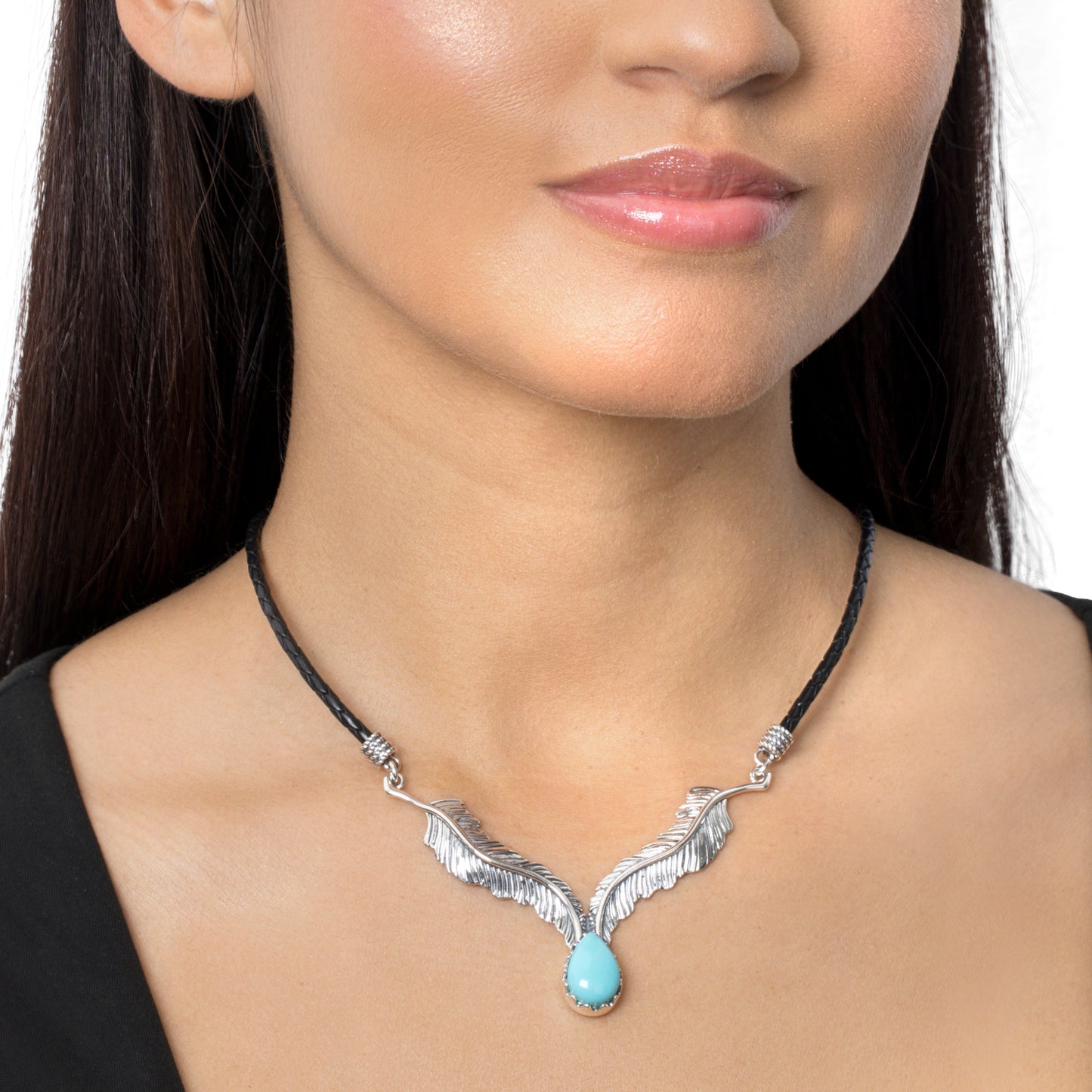 LIMITED EDITION! Sterling Silver Sleeping Beauty Turquoise Black Leather Feather Design Necklace, 17 to 20 Inches