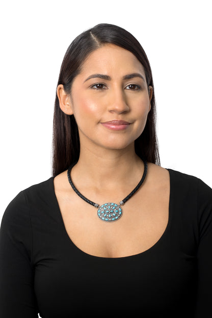 Sterling Silver Kingman Turquoise Oval Pendant Black Leather Necklace, 17 to 20 Inches