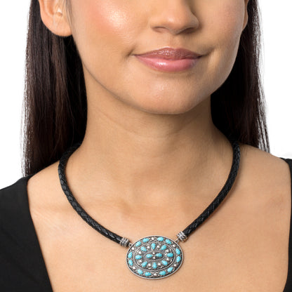Sterling Silver Kingman Turquoise Oval Pendant Black Leather Necklace, 17 to 20 Inches