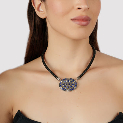 Sterling Silver Lapis Oval Pendant Black Leather Necklace, 17 to 20 Inches