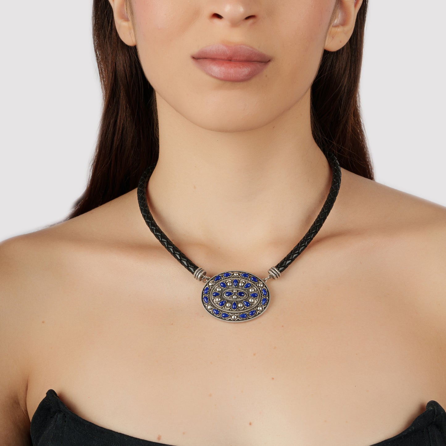 Sterling Silver Lapis Oval Pendant Black Leather Necklace, 17 to 20 Inches