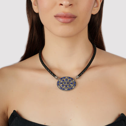 Sterling Silver Lapis Oval Pendant Black Leather Necklace, 17 to 20 Inches