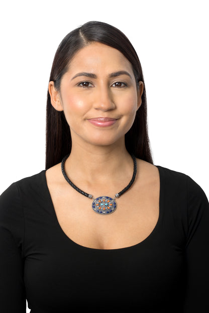 Sterling Silver Multi-Gemstone Oval Pendant Black Leather Necklace, 17 to 20 Inches