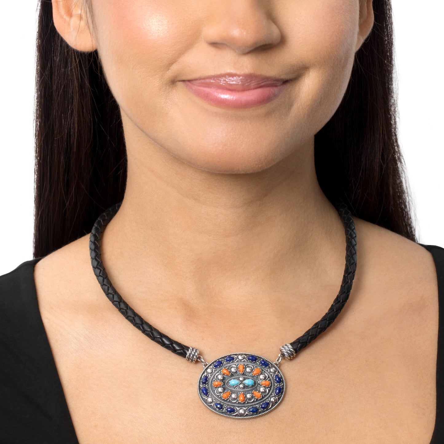 Sterling Silver Multi-Gemstone Oval Pendant Black Leather Necklace, 17 to 20 Inches
