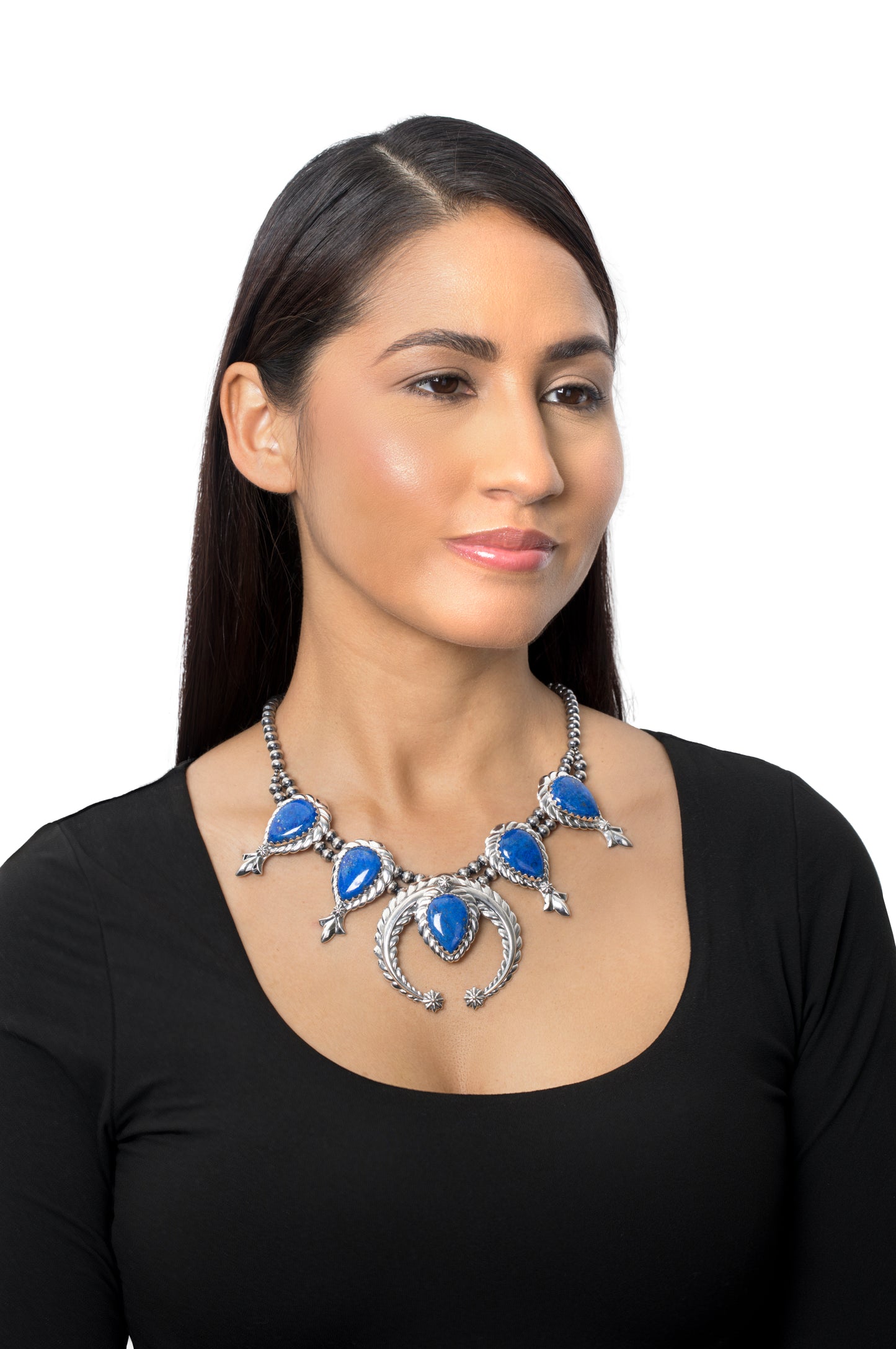 Sterling Silver Lapis Pear-Cut Squash Blossom Necklace, 17 to 20 Inches