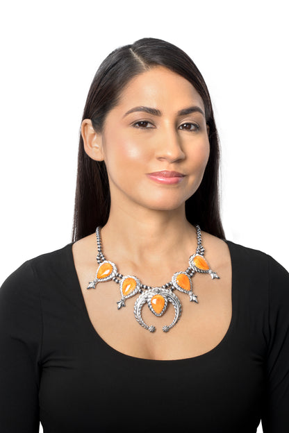 Sterling Silver Orange Spiny Oyster Pear-Cut Squash Blossom Necklace, 17 to 20 Inches