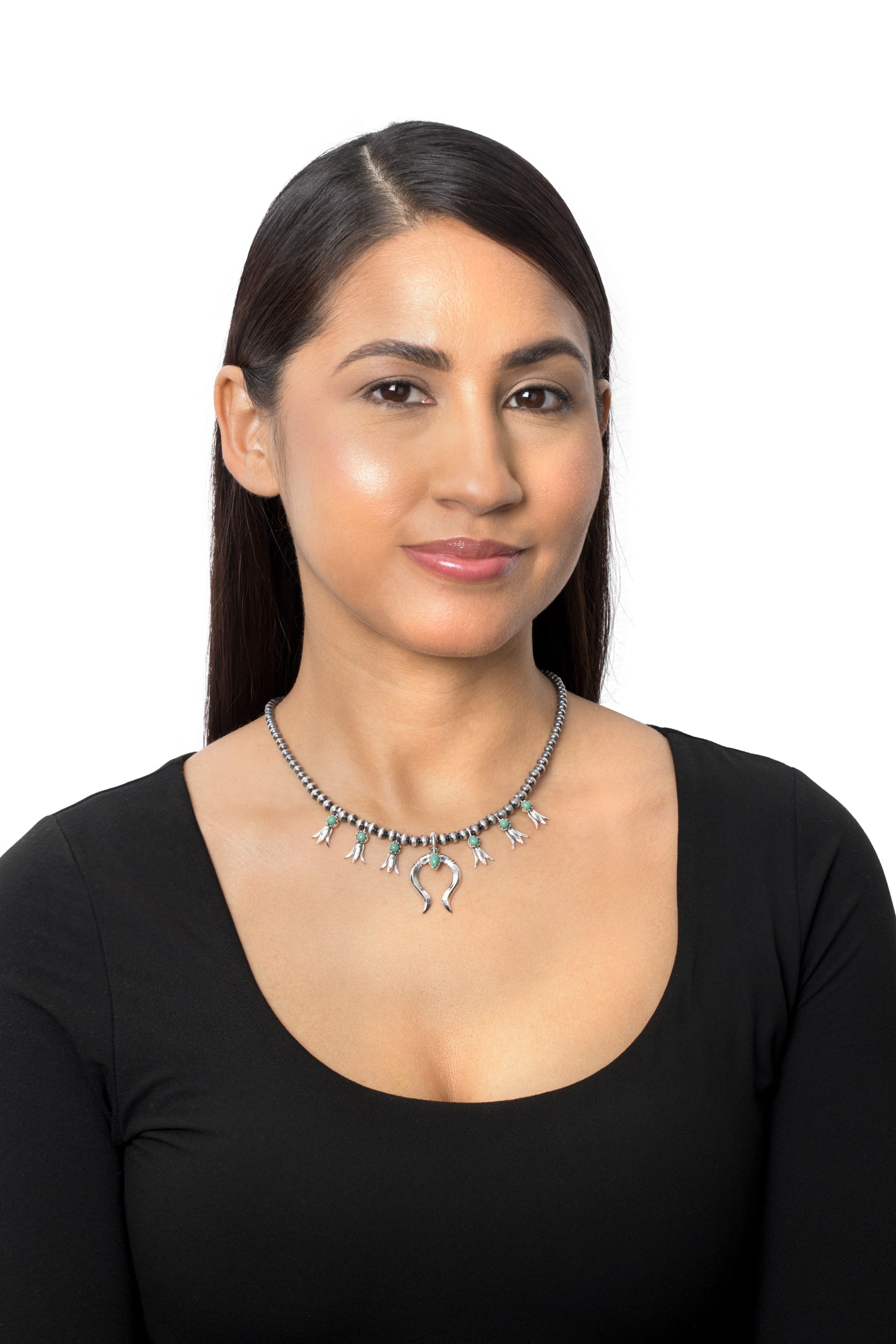 Sterling Silver Green Turquoise Beaded Squash Blossom Necklace, 16 to 19 Inches