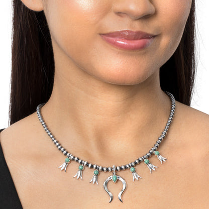 Sterling Silver Green Turquoise Beaded Squash Blossom Necklace, 16 to 19 Inches