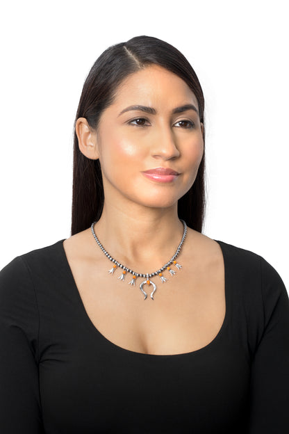 Sterling Silver Orange Spiny Oyster Beaded Squash Blossom Necklace, 16 to 19 Inches