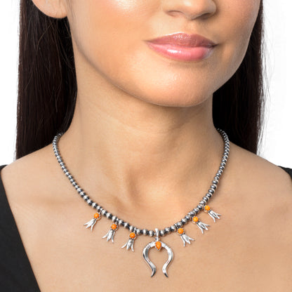 Sterling Silver Orange Spiny Oyster Beaded Squash Blossom Necklace, 16 to 19 Inches