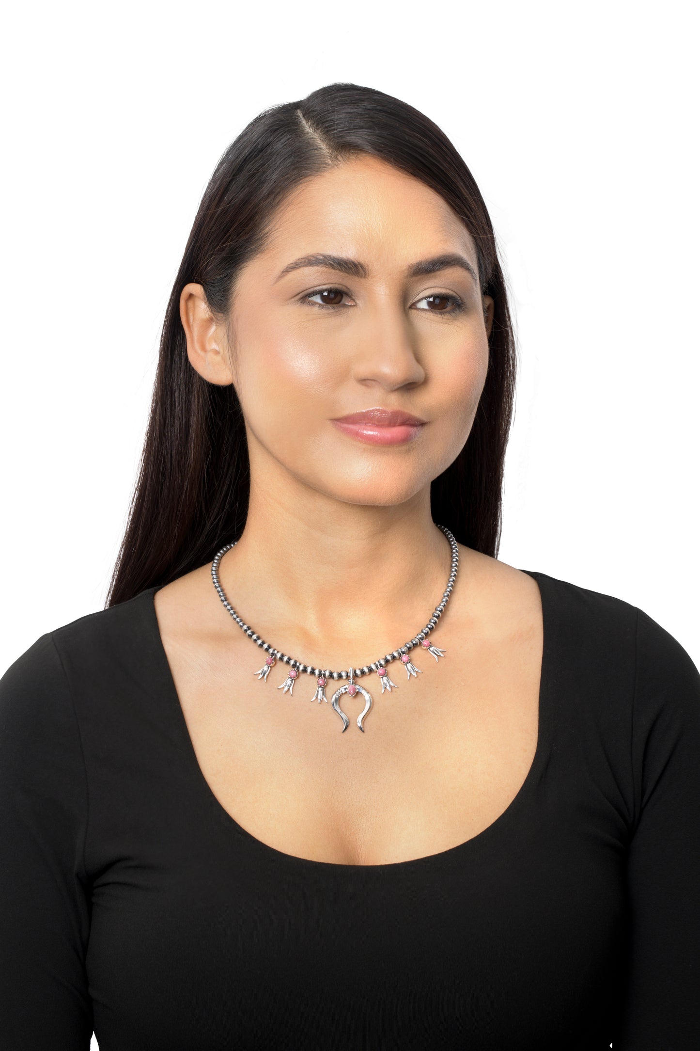 Sterling Silver Rhodonite Beaded Squash Blossom Necklace, 16 to 19 Inches