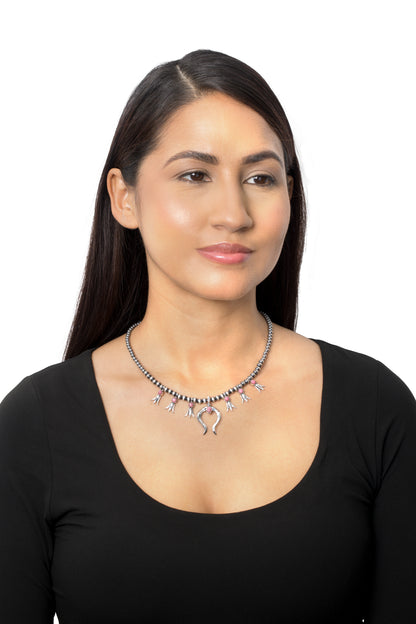 Sterling Silver Rhodonite Beaded Squash Blossom Necklace, 16 to 19 Inches