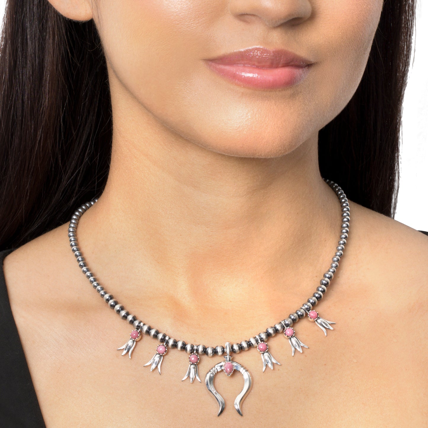 Sterling Silver Rhodonite Beaded Squash Blossom Necklace, 16 to 19 Inches