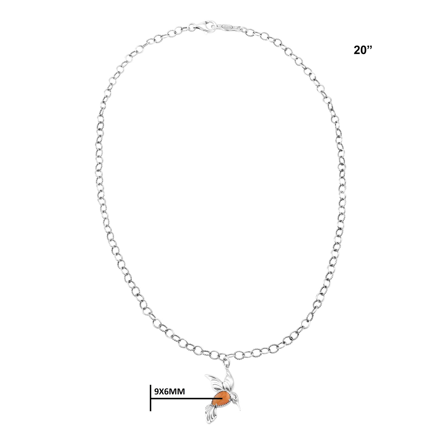 Sterling Silver Orange Spiny Oyster Hummingbird Necklace