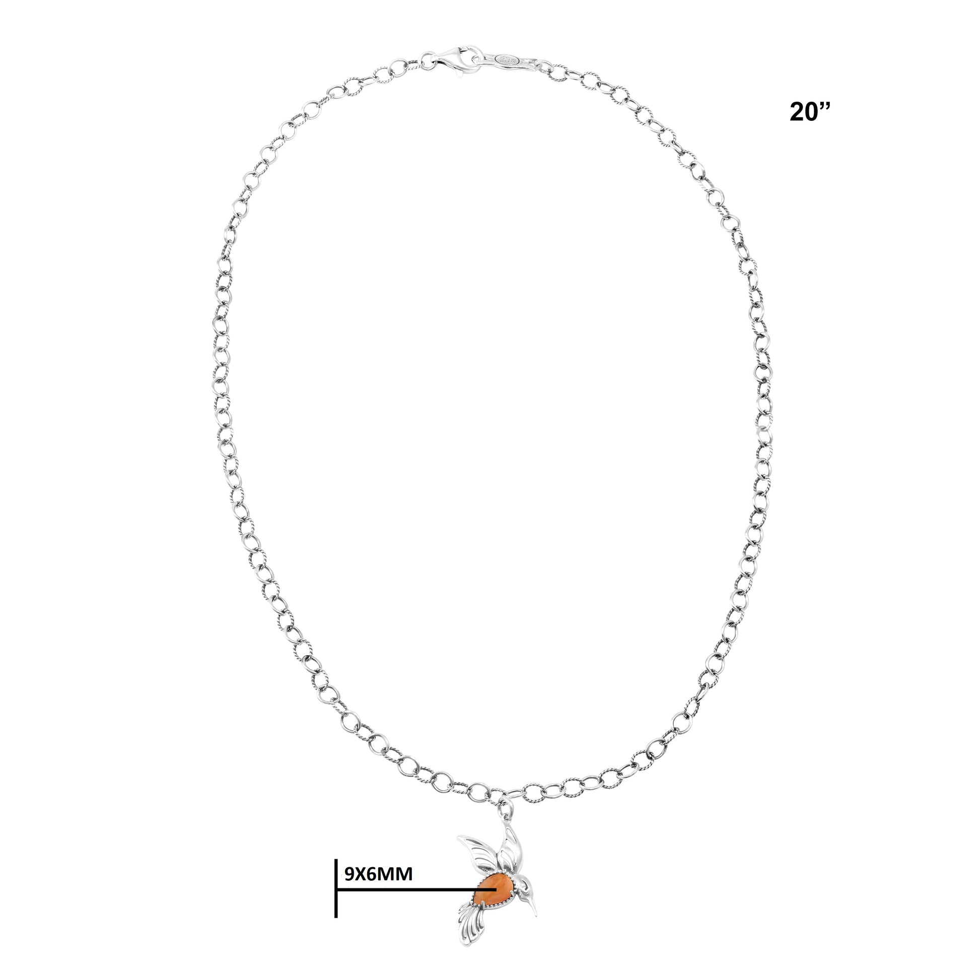 Sterling Silver Orange Spiny Oyster Hummingbird Necklace