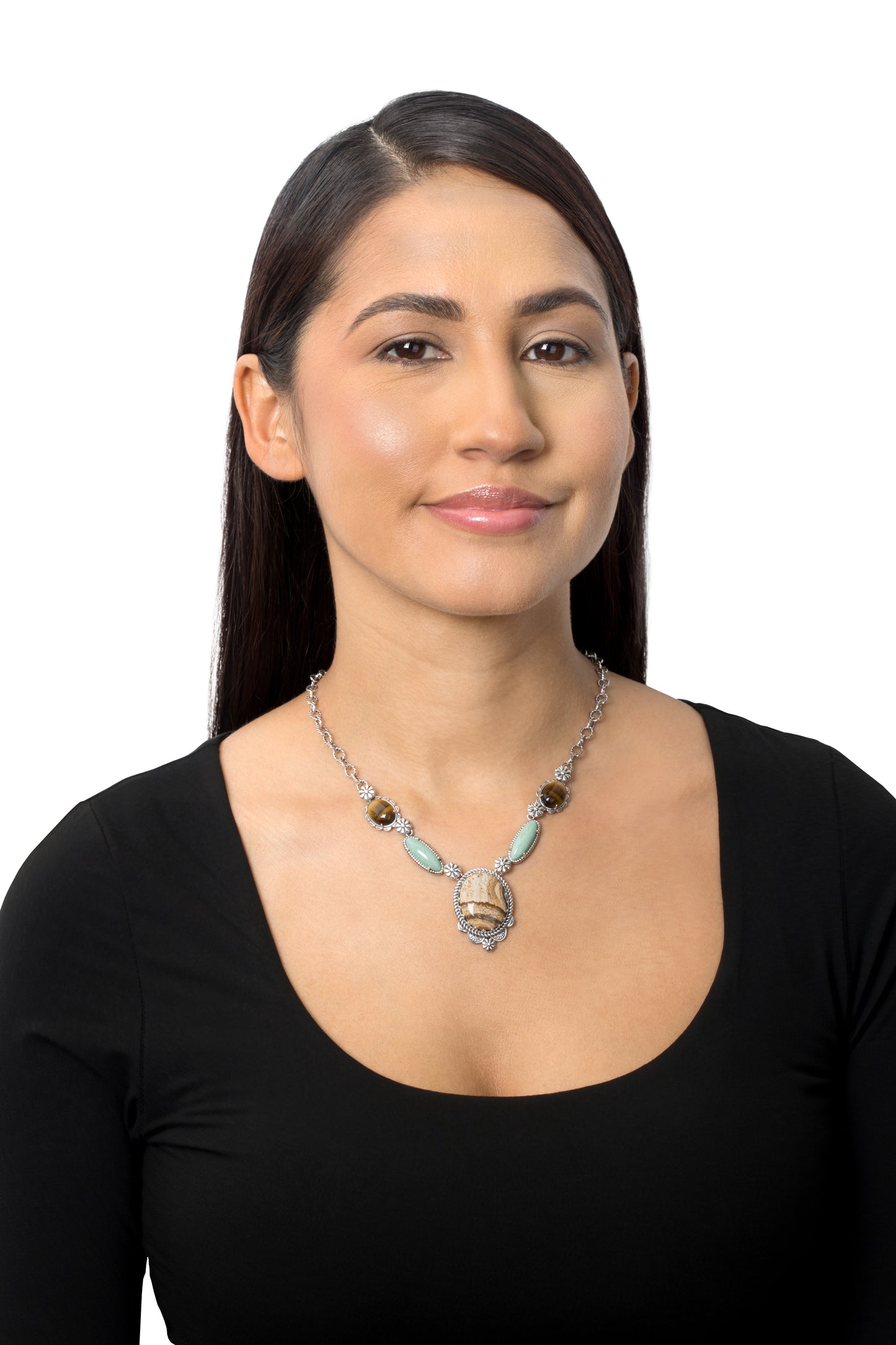 Sterling Silver Picture Jasper, Green Turquoise and Tiger's Eye Concha Station Necklace, 17 Inches