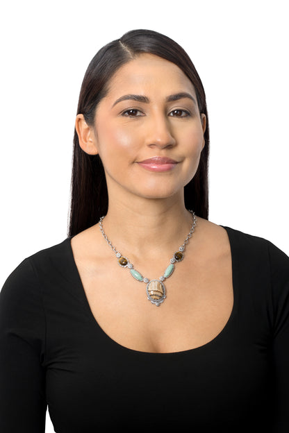 Sterling Silver Picture Jasper, Green Turquoise and Tiger's Eye Concha Station Necklace, 17 Inches