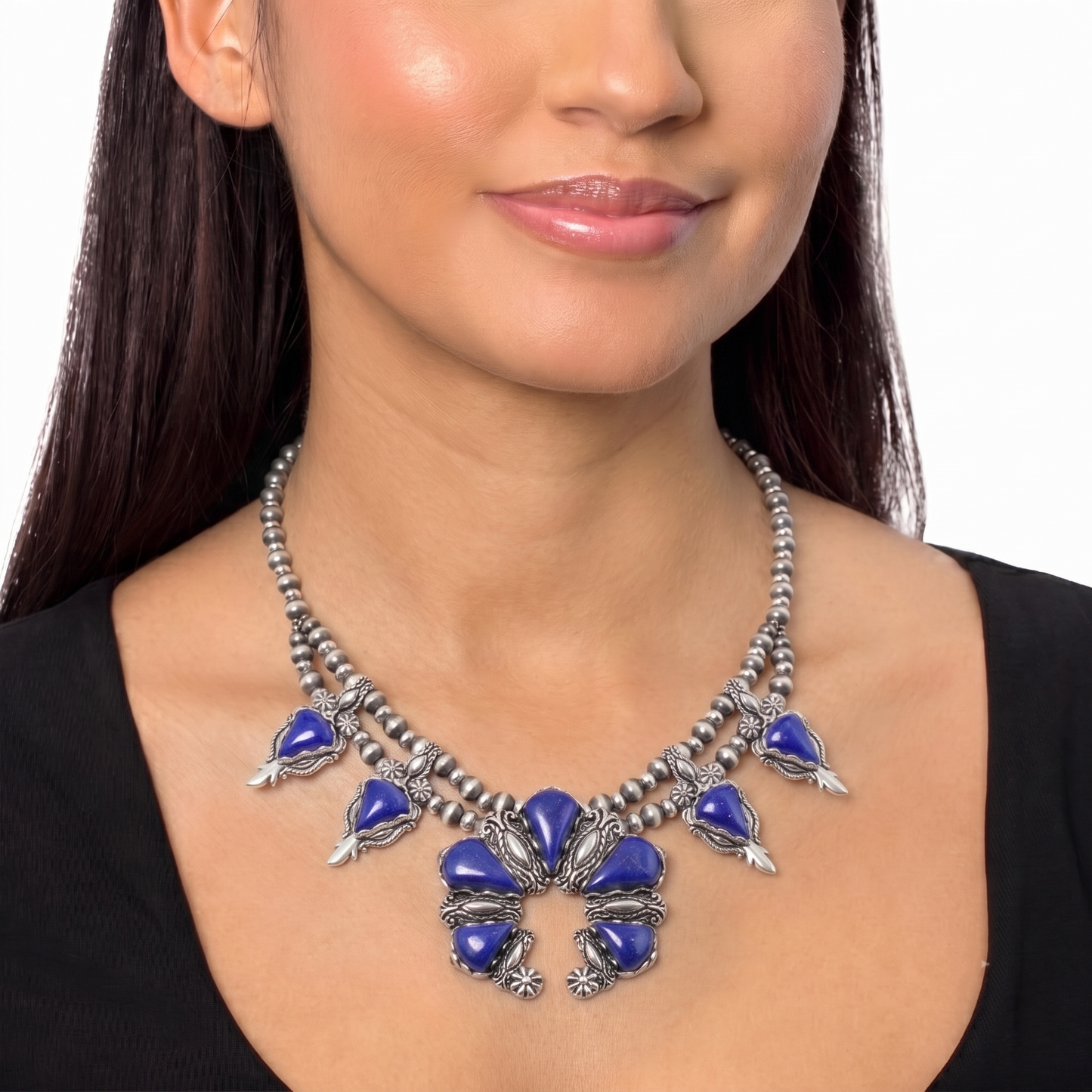 Sterling Silver Lapis Pear Gemstone Squash Blossom Necklace, 17 to 20 Inches