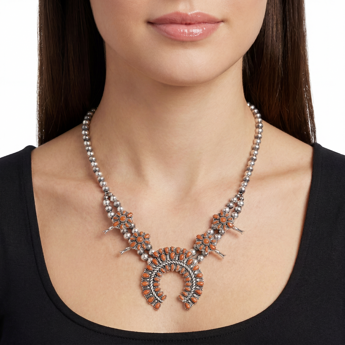 EXCLUSIVELY OURS! Sterling Silver Orange Spiny Oyster Petit Point Naja Squash Blossom Necklace, 17 to 20 Inches