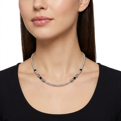 EXCLUSIVELY OURS! Sterling Silver Black Onyx Barrel Bead Necklace, 17 to 20 Inches