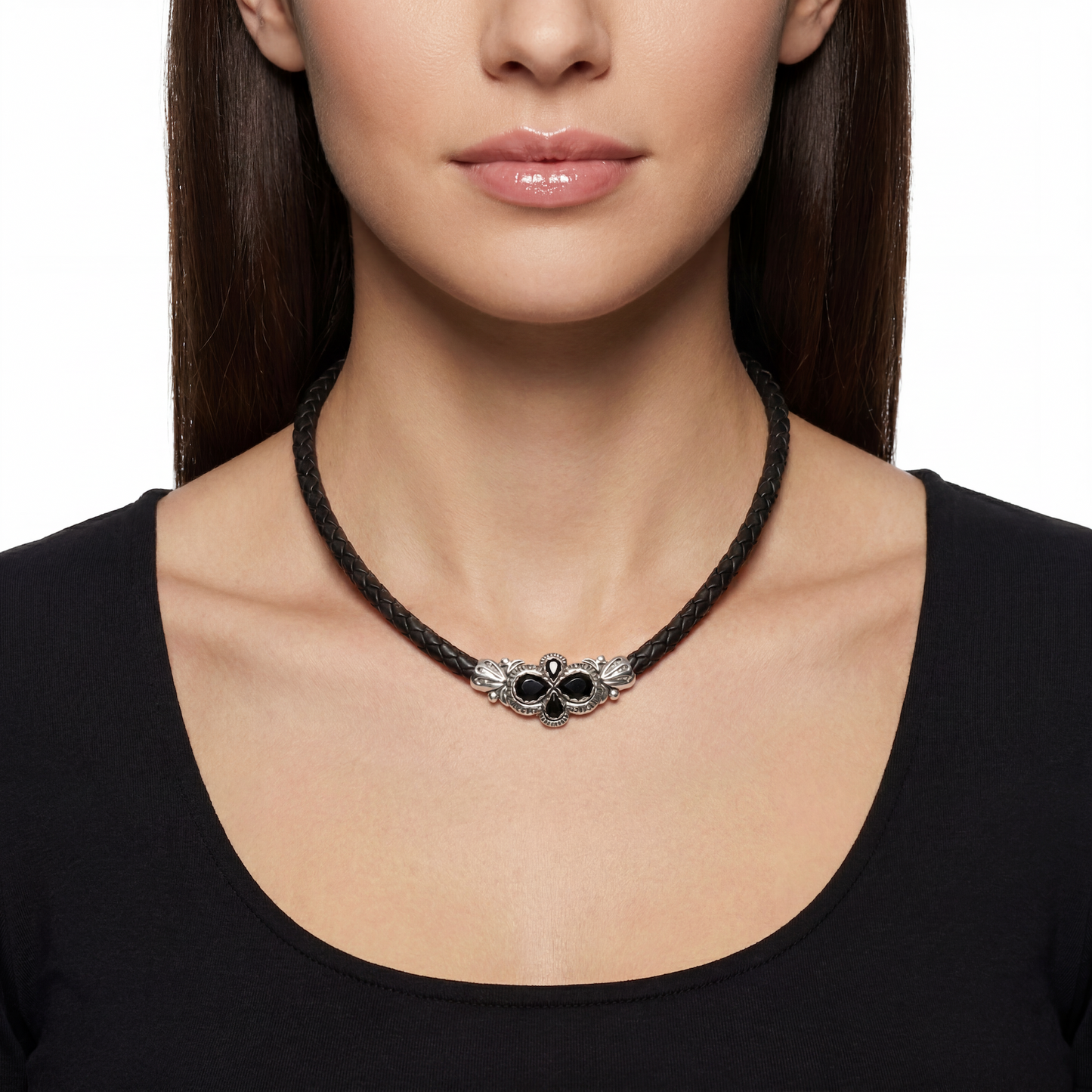 EXCLUSIVELY OURS! Sterling Silver Black Onyx Pear Cluster Black Leather Necklace, 17 to 20 Inches