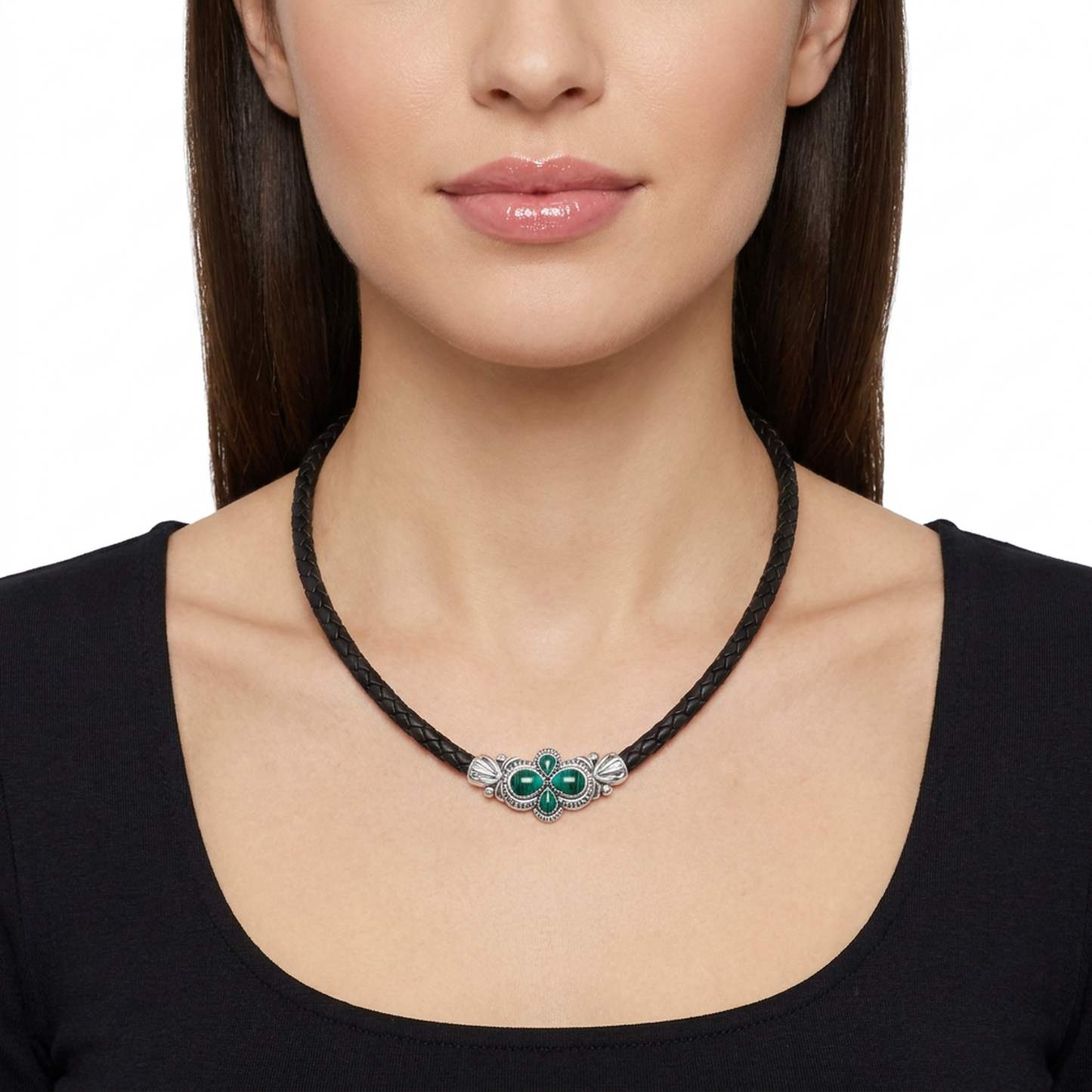 EXCLUSIVELY OURS! Sterling Silver Malachite Pear Cluster Black Leather Necklace, 17 to 20 Inches
