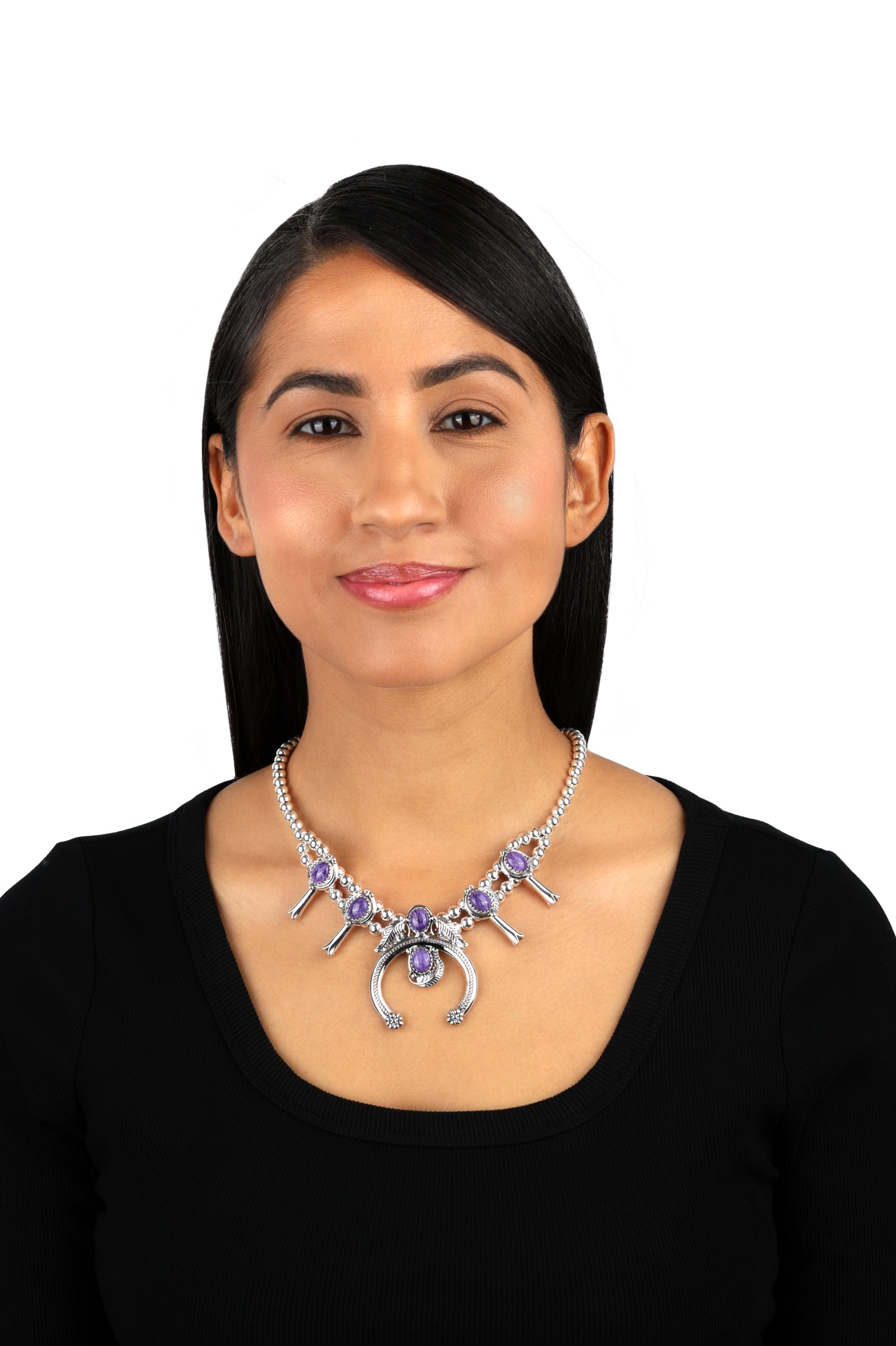 EXCLUSIVELY OURS! Sterling Silver Charoite Squash Blossom Necklace 17 to 20 Inches