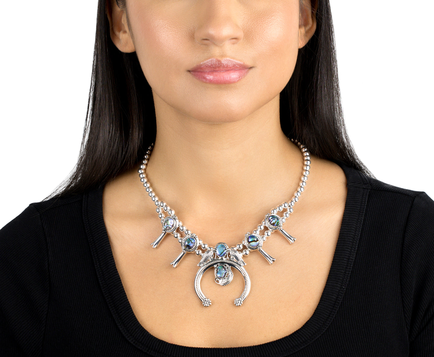 Sterling Silver Abalone Shell Squash Blossom Necklace, 17 to 20 Inches