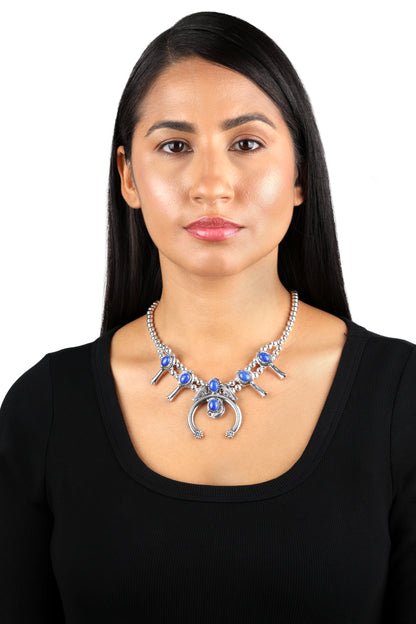 Sterling Silver Denim Lapis Gemstone Squash Blossom Naja Necklace, 17 to 20 Inches