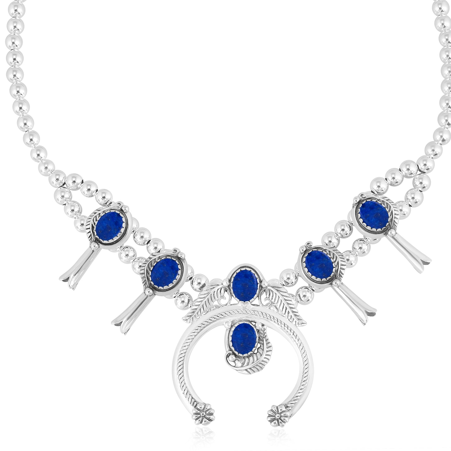 Sterling Silver Lapis Lazuli Squash Blossom Necklace, 17 to 20 Inches