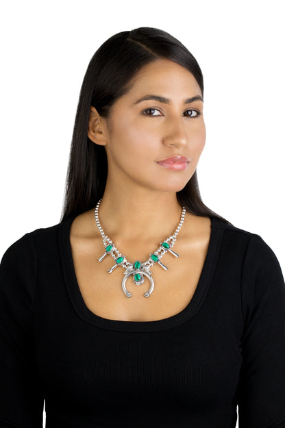 EXCLUSIVELY OURS! Sterling Silver Malachite Squash Blossom Necklace 17 to 20 Inches