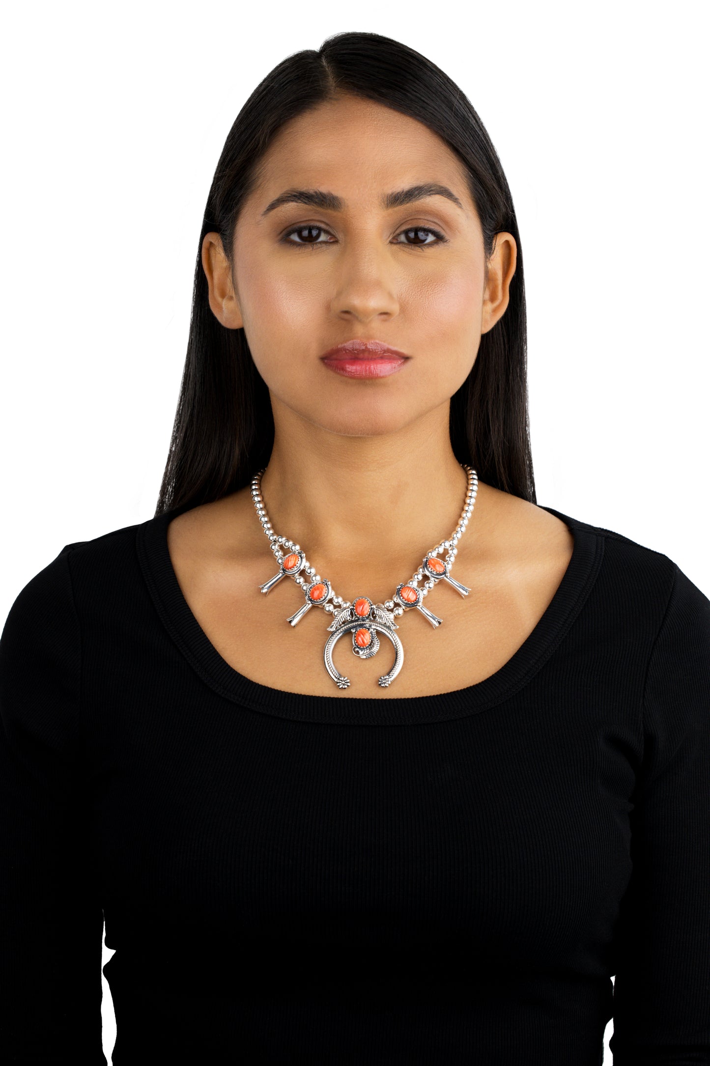 EXCLUSIVELY OURS! Sterling Silver Orange Spiny Oyster Squash Blossom Necklace, 17 to 20 Inches