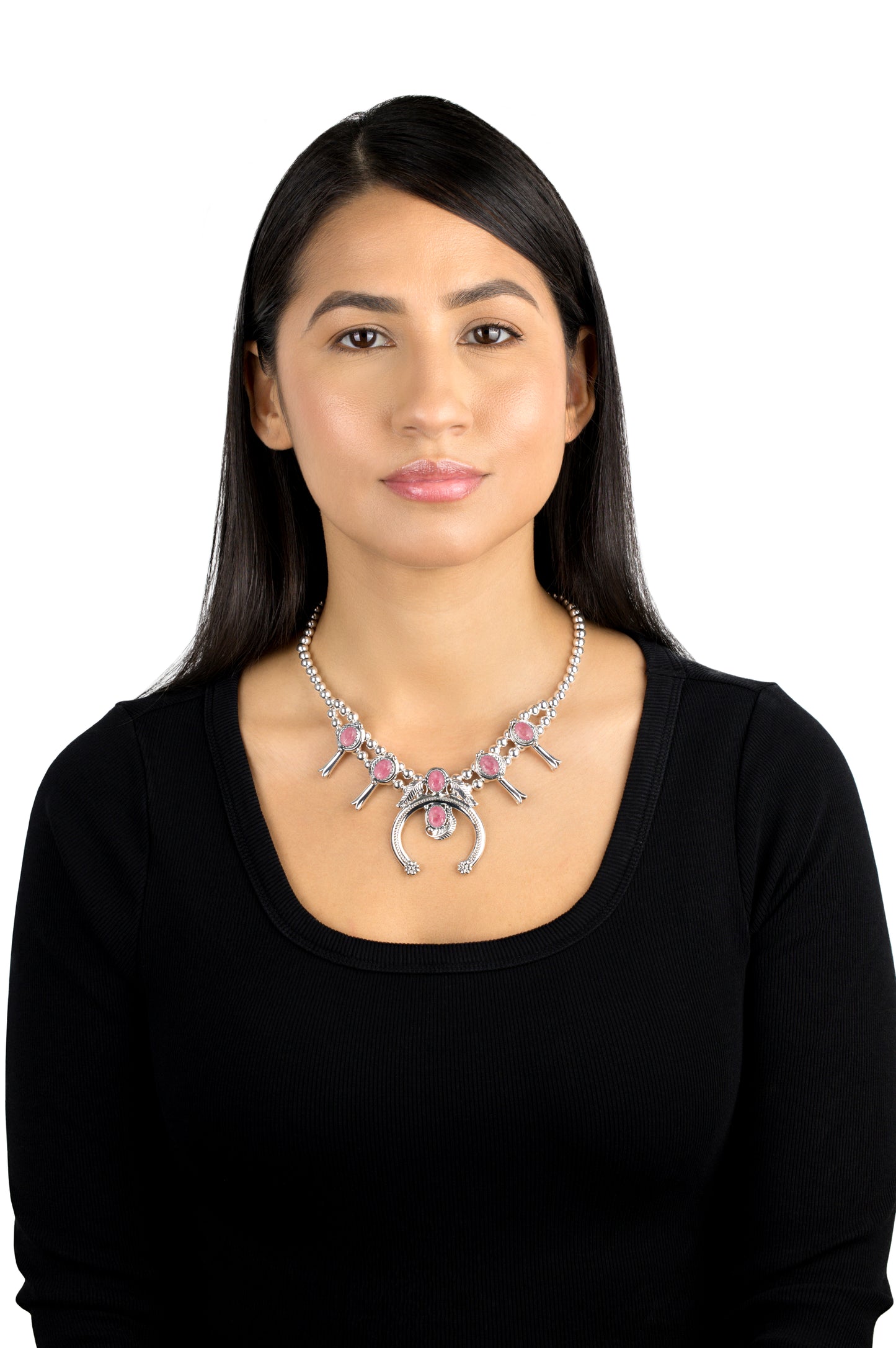 Sterling Silver Rhodonite Squash Blossom Naja Design Pendant Necklace, 17 to 20 Inches