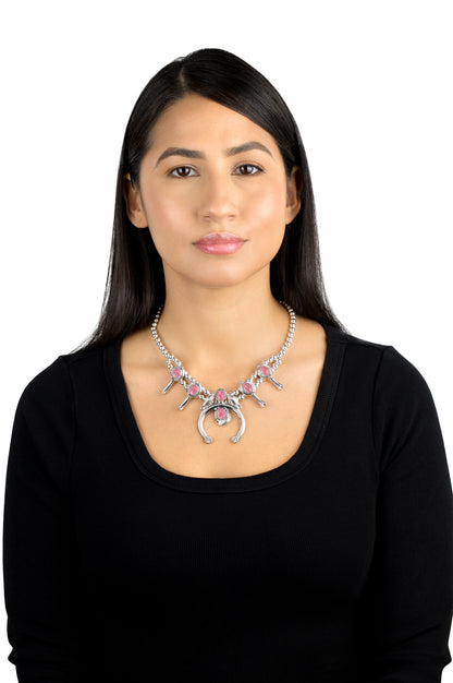 Sterling Silver Rhodonite Squash Blossom Naja Design Pendant Necklace, 17 to 20 Inches