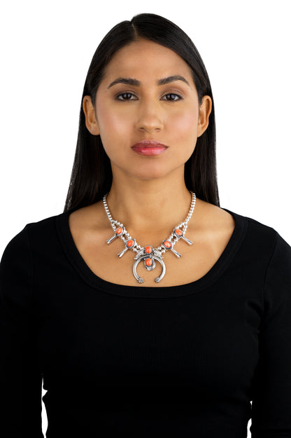 Sterling Silver Red Spiny Gemstone Squash Blossom Naja Necklace, 17 to 20 Inches