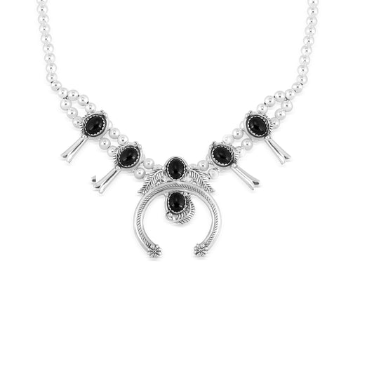 EXCLUSIVELY OURS! Sterling Silver with Black Agate Gemstone Squash Blossom Naja Design Women's Pendant Necklace, 16-19 Inches