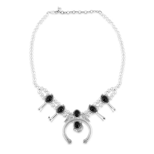 Sterling Silver with Black Agate Gemstone Squash Blossom Naja Design Women's Pendant Necklace, 16-19 Inches