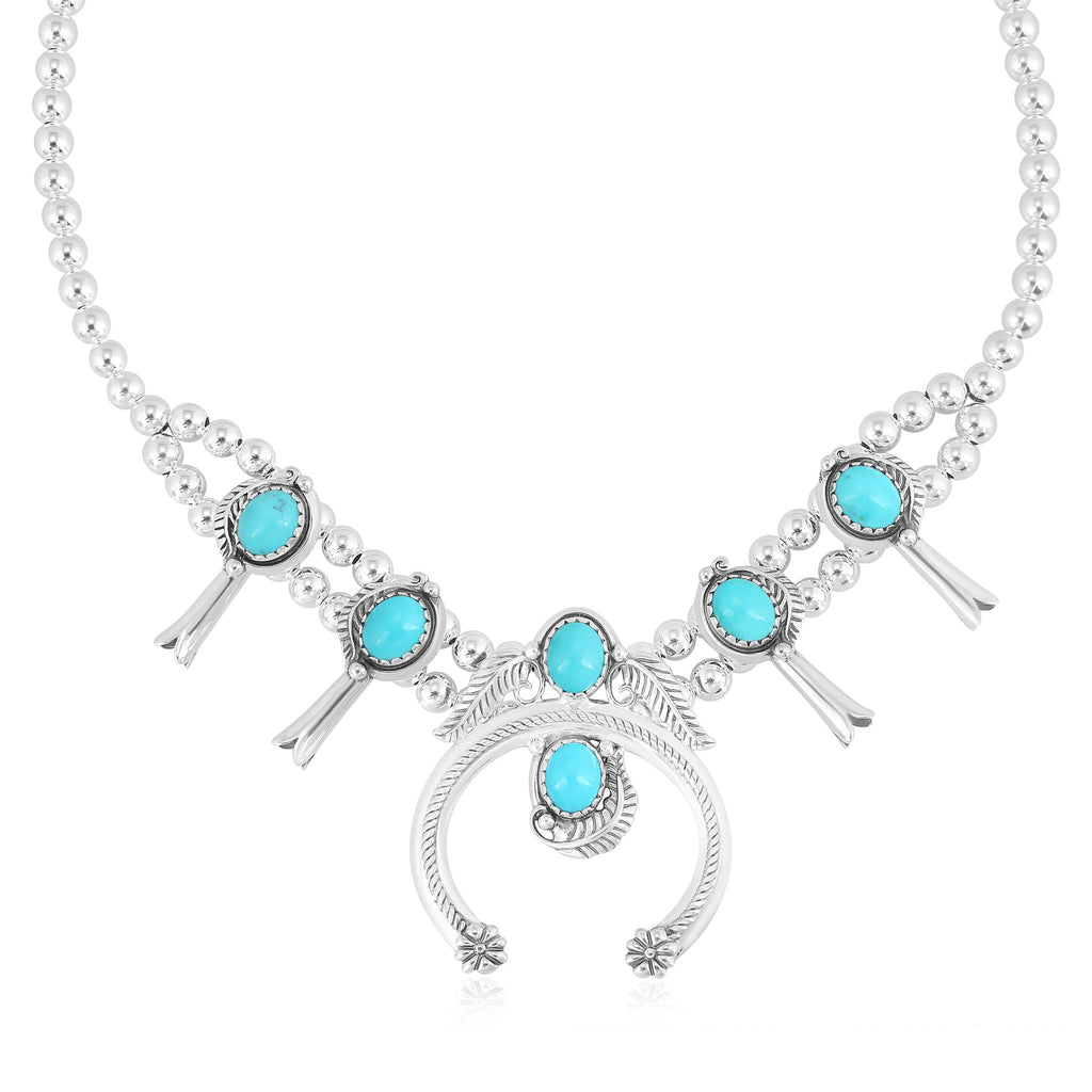Sterling Silver Kingman Turquoise Squash Blossom Naja Necklace, 17 to 20 Inches