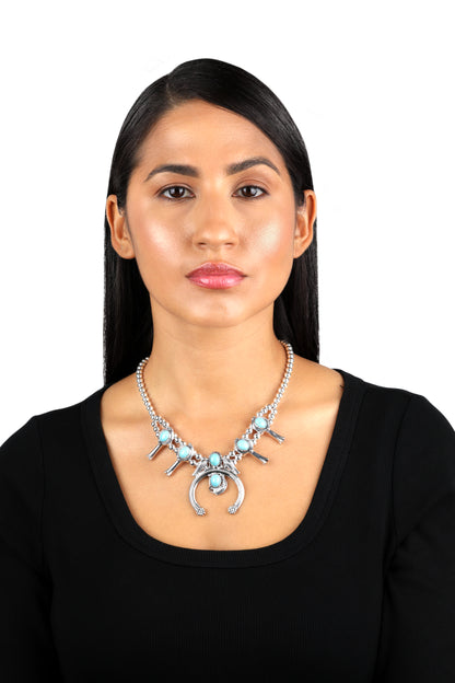 Sterling Silver Kingman Turquoise Squash Blossom Naja Necklace, 17 to 20 Inches