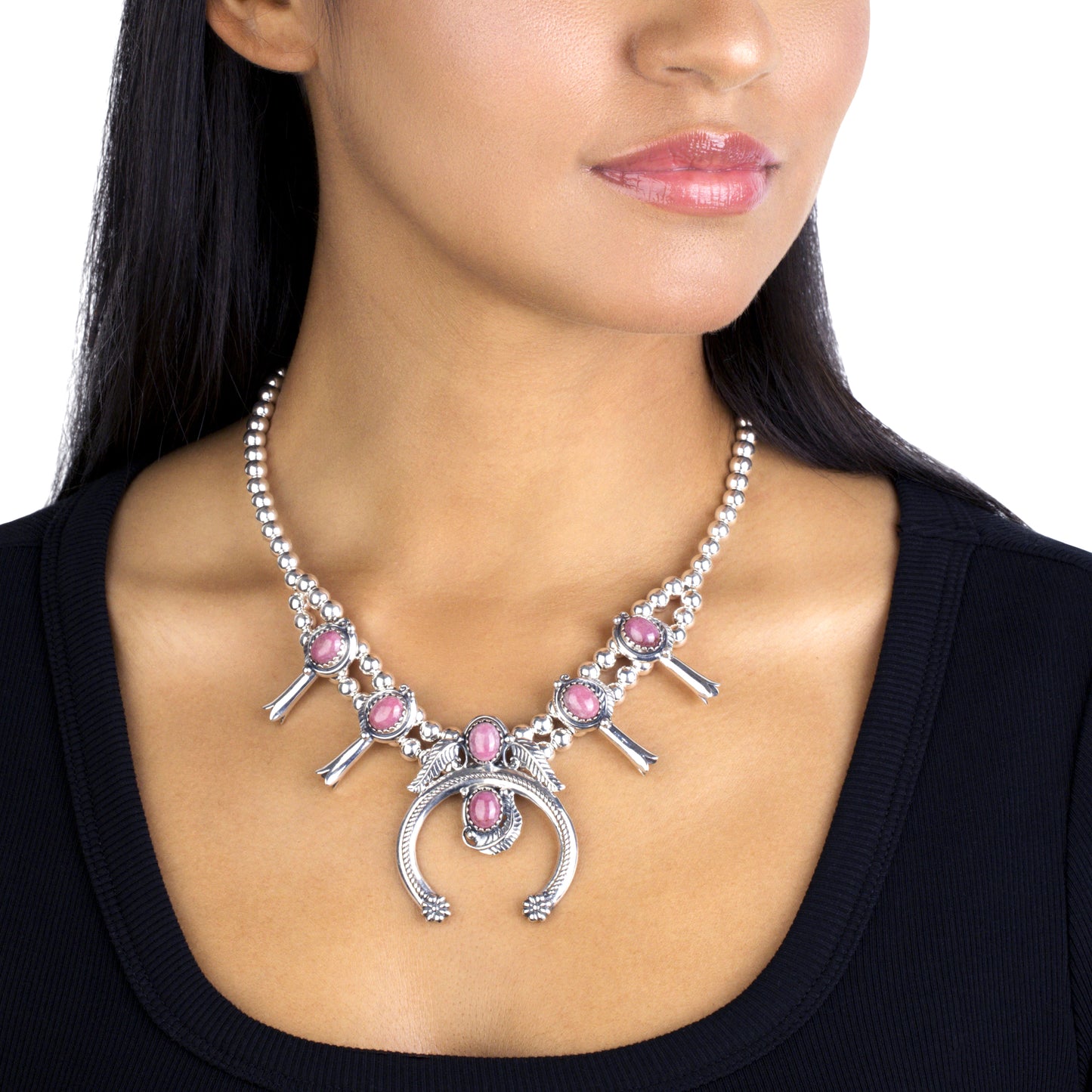 Sterling Silver Rhodonite Squash Blossom Naja Design Pendant Necklace, 17 to 20 Inches