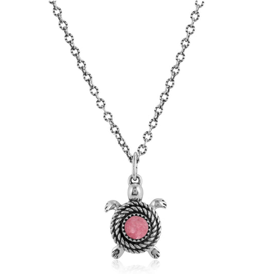 Southwestern Sterling Silver with Rhodonite Gemstone Turtle Design Pendant Necklace, 16-19 Inches