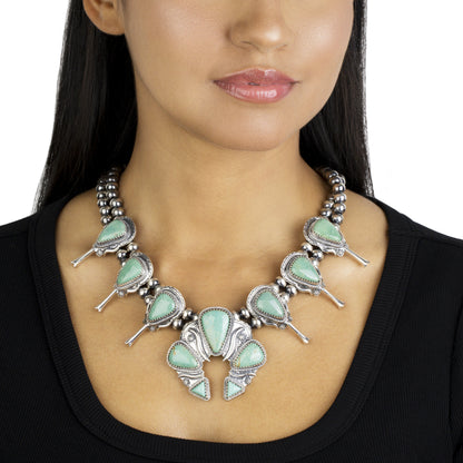 Sterling Silver Green Turquoise Large Naja Squash Blossom Necklace, 21 to 24 Inches